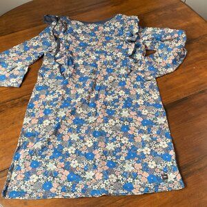 Tea Collection Floral Blue Girl Cotton Long Sleeve Ruffle Shoulder Dress Size 16